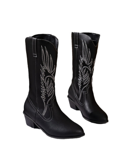 Embroidered Thick Heel Tube Pointed Boots
