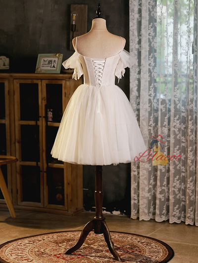 White Beading Tulle Lace Homecoming Dress