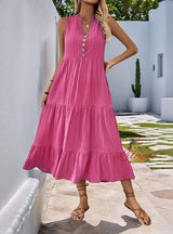 Button Solid Color V-neck Sleeveless Dress