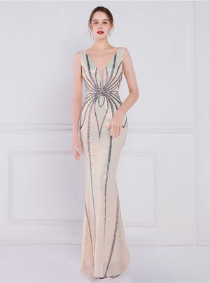 V-neck Mermaid Sequins Beading Prom Dress