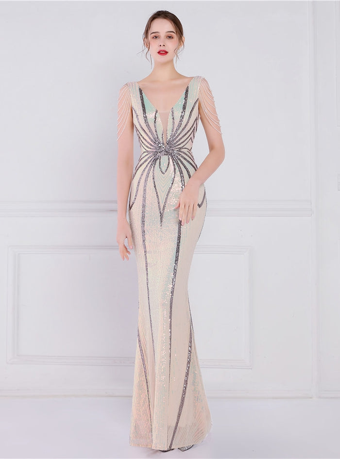 V-neck Mermaid Sequins Beading Prom Dress