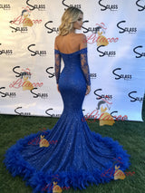 Blue Mermaid Long Sleeve Appliques Prom Dress