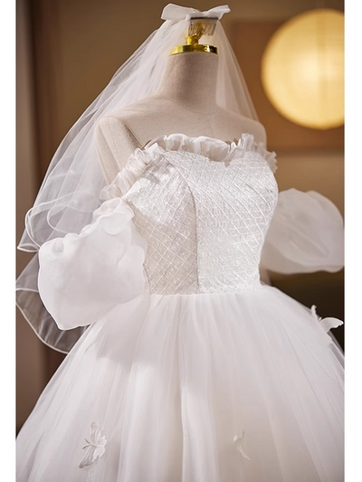 White Tulle Puff Sleeve Wedding Dress