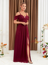 Burgundy Chiffon V-neck Pleats Prom Dress