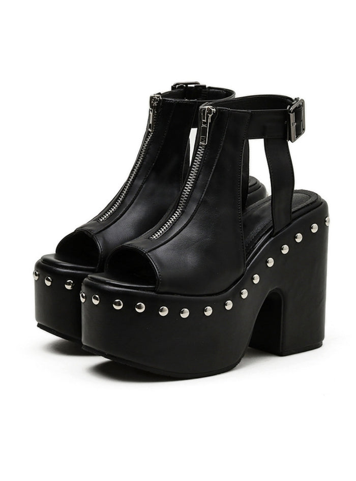 Waterproof Platform Retro Rivet High-heeled Sandals