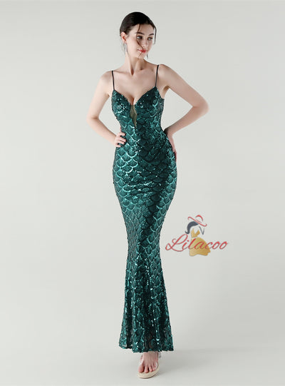 Spaghetti Straps Mermaid Sequins Prom Dress