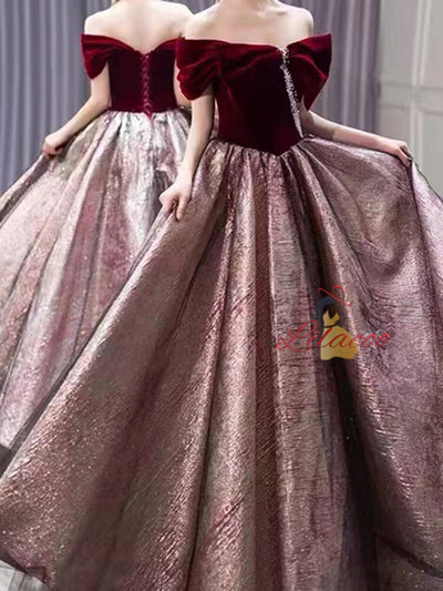 Burgundy Velvet Pleats Pearls Prom Dress