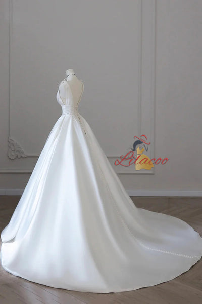 White Satin Pleats See Through Neck Wedding Dress