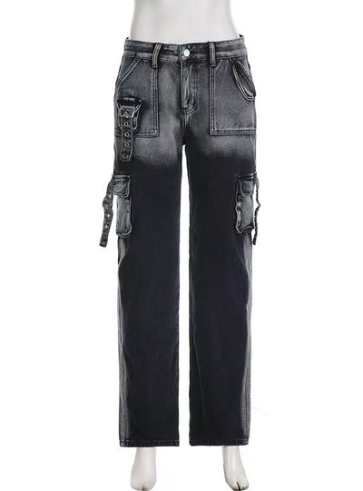 Loose Straight Tie-dyed Metal Button Pocket Jeans