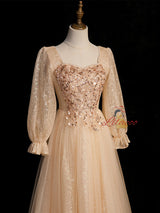 Champagne Tulle Sequins Beading Prom Dress