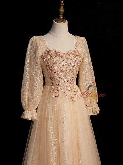 Champagne Tulle Sequins Beading Prom Dress