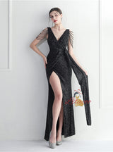 V-neck Sequins Beading Split Prom Dress