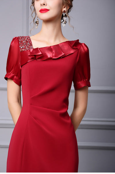 Short Sleeve Pleats Beading Mother Of The Bride Dress