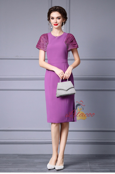 Purple Beading Pleats Mother Of The Bride Dress