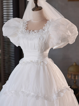 White Tulle Puff Sleeve Pleats Pearls Wedding Dress