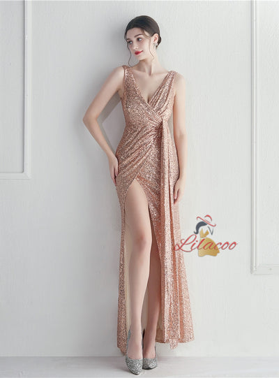 V-neck Sequins Pleats Split Prom Dress