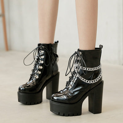 Patent Leather Metal Chain Martin Boots
