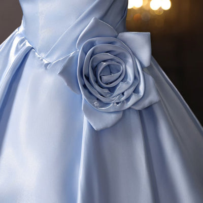 Blue Satin Flower Pleats Homecoming Dress
