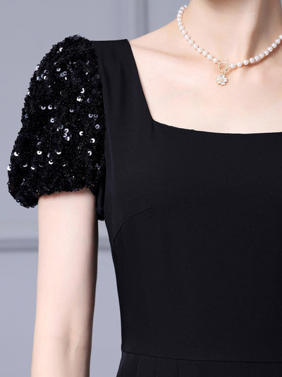 Black Sequins Puff Sleeve Mother Of The Bride Dress