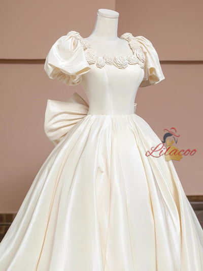 Ivory Satin Puff Sleeve Bow Flower Wedding Dress