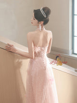 Pink Sequins Halter 3D Flower Prom Dress