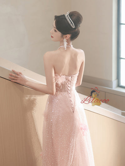 Pink Sequins Halter 3D Flower Prom Dress