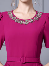 Black Short Sleeve Crystal Belt Mother Of The Bride Dress