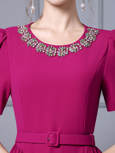 Black Short Sleeve Crystal Belt Mother Of The Bride Dress