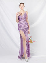 Spaghetti Straps Sequins Split Prom Dress