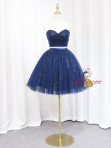 Blue Tulle Sequins Strapless Pleats Homecoming Dress