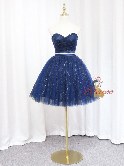 Blue Tulle Sequins Strapless Pleats Homecoming Dress