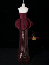 Burgundy Mermaid Sequins Strapless Prom Dress