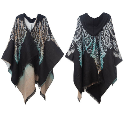 Peacock Jacquard Cashmere-like Hooded Cloak Shawl