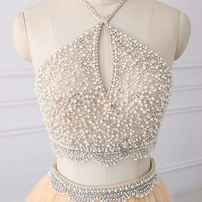 Champagne Tulle Two Piece Homecoming Dress