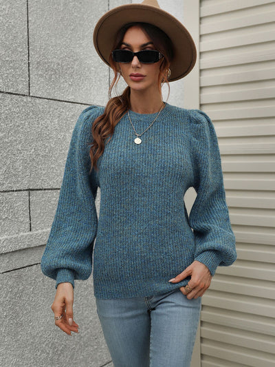Spliced Round Neck Long Sleeve Pleated Loose Sweater
