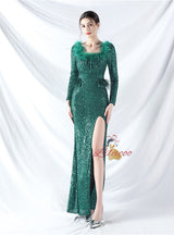 Long Sleeve Mermaid Sequins Split Prom Dress