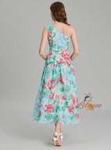Embroidered Printed One-shoulder Slim Dress