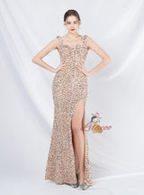 Straps Sequins Beading Split Prom Dress