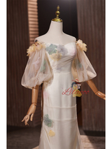 Light Champagne Puff Sleeve Flower Wedding Dress