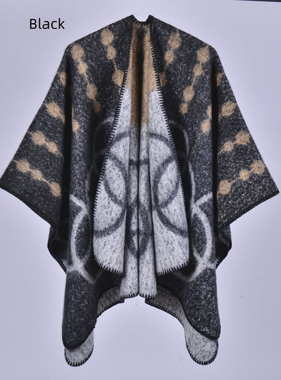 Thickened Cashmere Split Jacquard Scarf Cloak