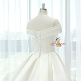 White Satin Off The Shoulder Pleats Wedding Dress