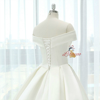 White Satin Off The Shoulder Pleats Wedding Dress
