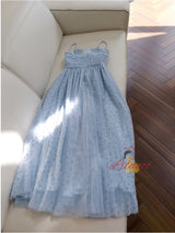 Blue Tulle Pleats Straps Prom Dress