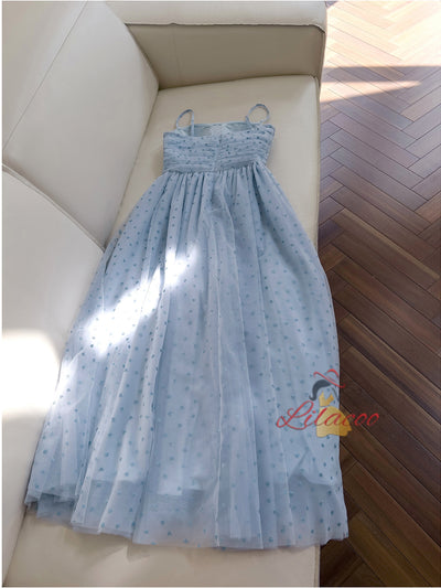 Blue Tulle Pleats Straps Prom Dress