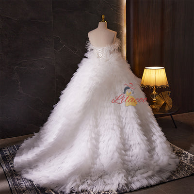 White Tulle Tiers Strapless Wedding Dress