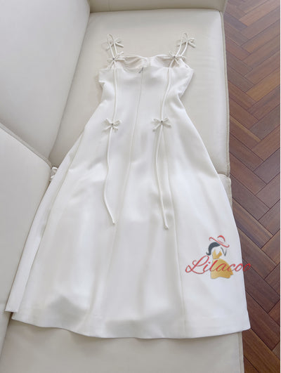 White Straps Bow Prom Dress