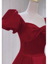 Burgundy Satin Puff Sleeve Pleats Prom Dress