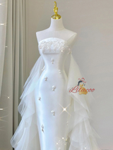 White Satin Tulle Strapless Beading Wedding Dress