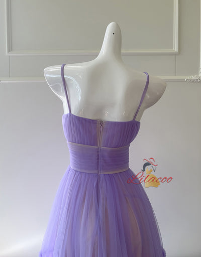 Purple Tulle Straps Pleats Prom Dress