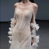 White Mermaid Tulle Pleats Pearls Wedding Dress
